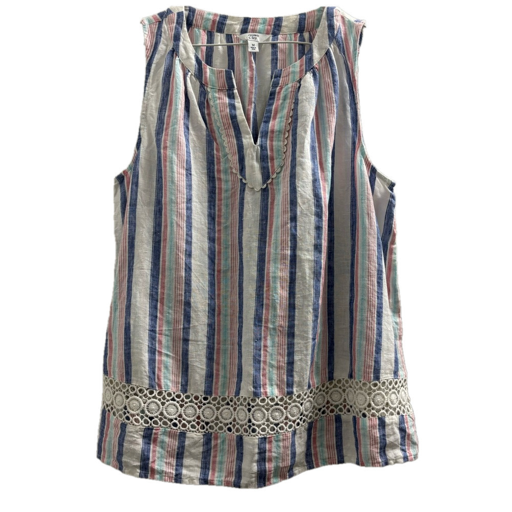 Crown & Ivy Striped Linen Blend Sleeveless Top w/ Crochet Trim Size M